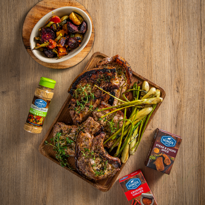 Fennel and Mustard Pork Chops Served with Chakalaka and Roasted Veggies