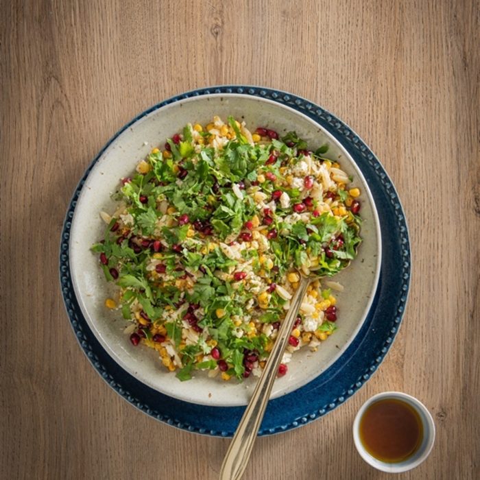 Grilled-Corn-Pasta-Rice-Feta-Pomegranate-and-Coriander-Salad