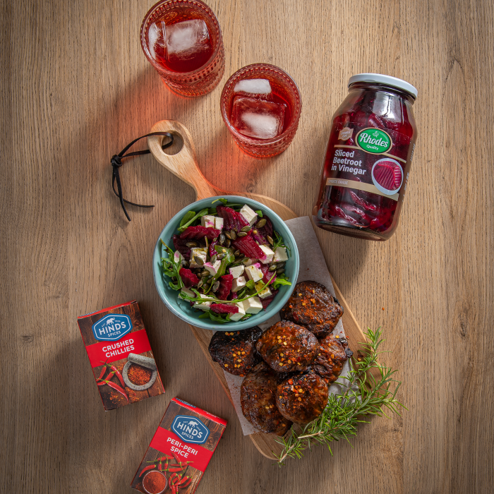 Peri-peri Lamb Skilpadjies Served With a Beetroot and Feta Salad